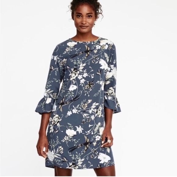 OLD NAVY Blue Gray Floral Butterfly Long Bell Sleeve Dress size Medium - Picture 2 of 14